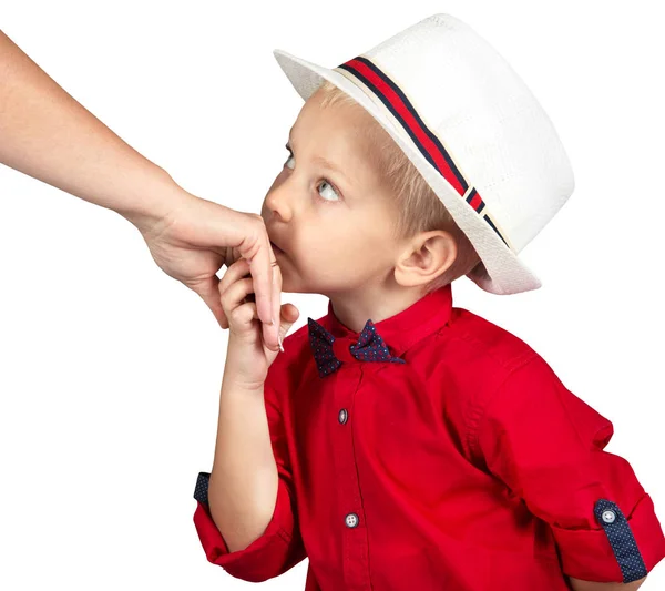 Menino Beija Mão Mãe — Fotografia de Stock