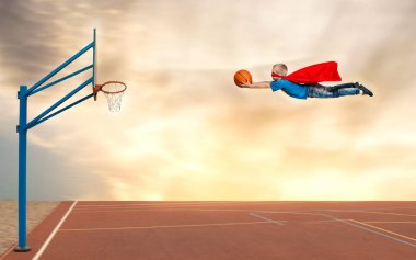 Bir süper kahraman kostümü bir çocuk basketbol oynuyor ve sepet topu atmak için uçar.