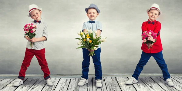 Collage Stylish Chłopiec Bukietem Kwiatów — Zdjęcie stockowe