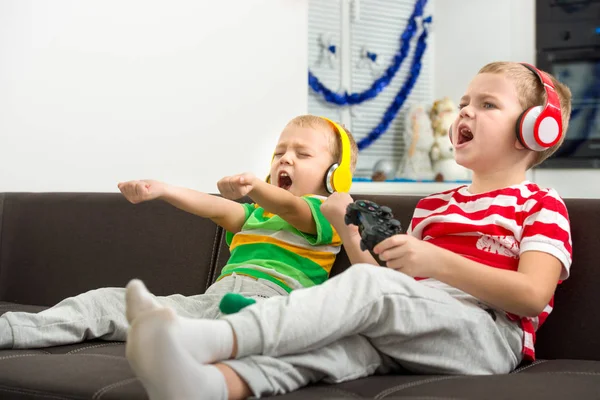 Two Brothers Playing Headphones Joysticks Video Games — Stock Photo, Image