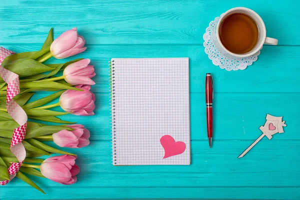 Valentine Day Background Bouquet Tulips Empty Notebook Romantic Entries — Stock Photo, Image