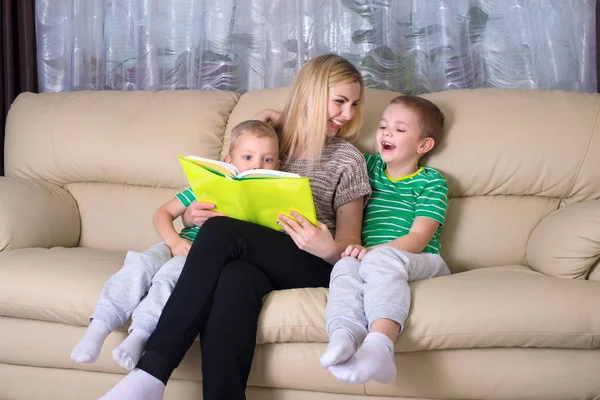 Mother Two Sons Reading Book Family Leisure — Stock Photo, Image