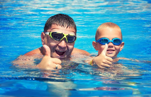 Father Son Jump Swim Pool Sun Light Summer Day Leisure — Stock Photo, Image