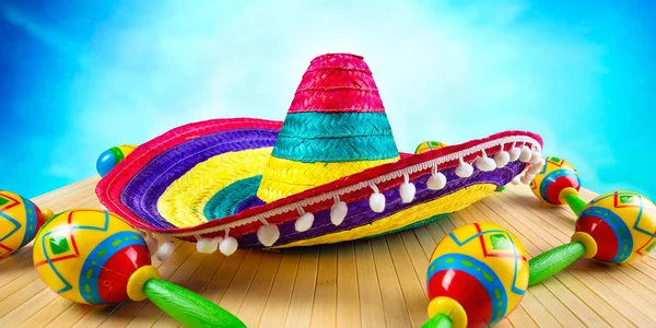 Mexico Sombrero Colorido Maracas Fundo Madeira — Fotografia de Stock