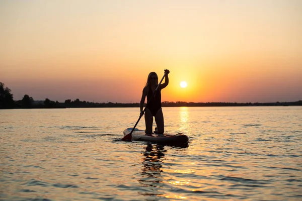 Young Sexy Woman Swimming Stand Paddle Board Water Sports Active — Stock Photo, Image