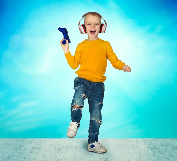 Boy Gamer Headphones Joystick Playing Computer Game Isolated Blue Background — Stock Photo, Image