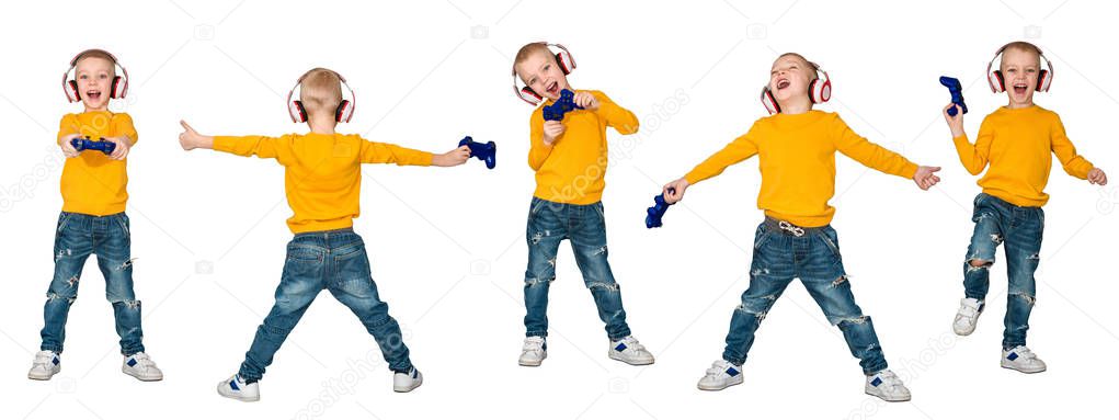 Boy gamer in headphones with joystick playing computer game. Isolated on white background.Collage.