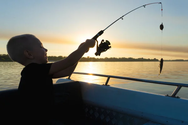 Boy Fishing Trip Caught Fish Fishing Lake Boat Fishing Rods — Stock Photo, Image