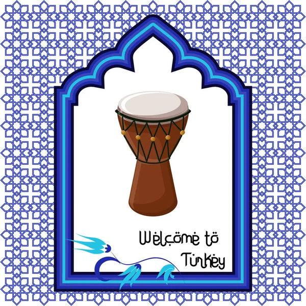 Välkommen till Turkiet mall för gratulationskort med turkiska trumma, östra prydnad fönster och text . — Stock vektor