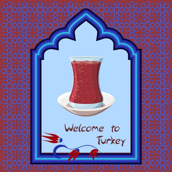 Zapraszamy do Turcji szablon kartki okolicznościowej z tradycyjnej tureckiej herbaty szkło w okno z łukiem na urządzone niebieskie i czerwone tło. — Wektor stockowy