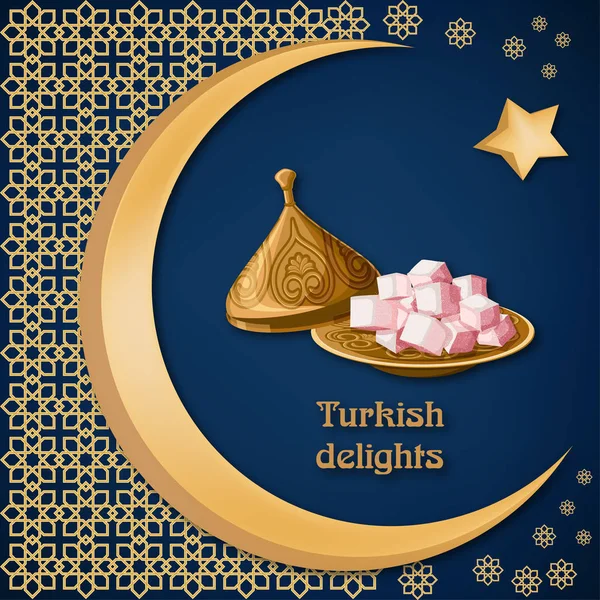 Türkisches Entzücken locum auf dekorierter Kupferplatte mit Text, arabischem Ornament, Mond und Stern auf dunkelblauem Hintergrund. — Stockvektor