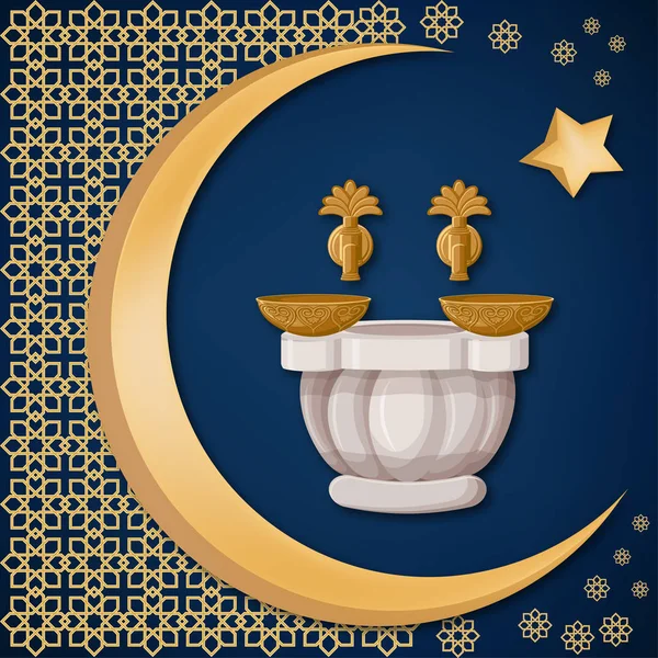 Türk Hamamı, hamam ile oryantal dekorasyon, ay ve yıldız koyu mavi zemin üzerine bakır Kazanlı. — Stok Vektör