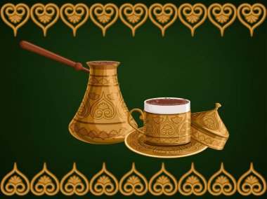 Türk geleneksel antika bakır cezve ve kahve kap üzerinde süs yeşil arka plan ile dekore edilmiştir.