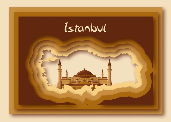 Turkiska karta silhuett i modern papper skära ut stil med Hagia Sofia och ordet Istanbul. — Stock vektor