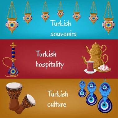 Geleneksel fenerler, nargile, çay potu, çay bardağı, vekil, davul ve boncuck ile Türk turistik afiş.
