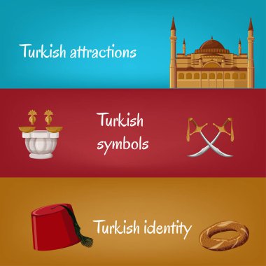 Geleneksel semboller fez, simit, kılıç, Hamam, Türk turistik afiş Ayasofya.