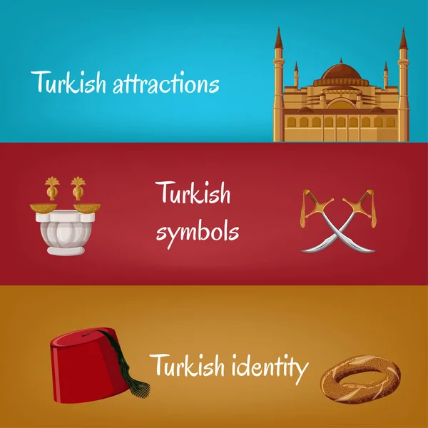 Turkiska turistiska banners med traditionella symboler fez, simit, svärd, hamam, Hagia Sophia. — Stock vektor