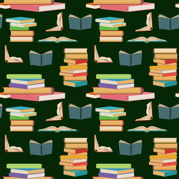 Nahtloses Muster mit bunten Büchern, Stapeln oder Bücherstapeln auf dunkelgrünem Hintergrund. — Stockvektor