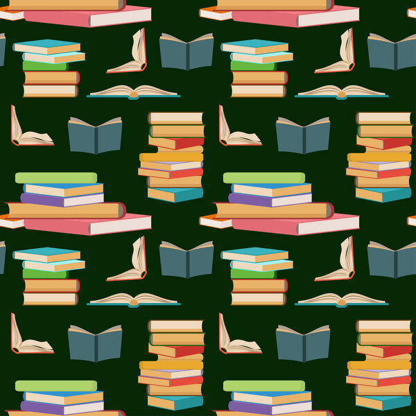 Seamless pattern with colorful books, stacking or piles of books on dark green background.