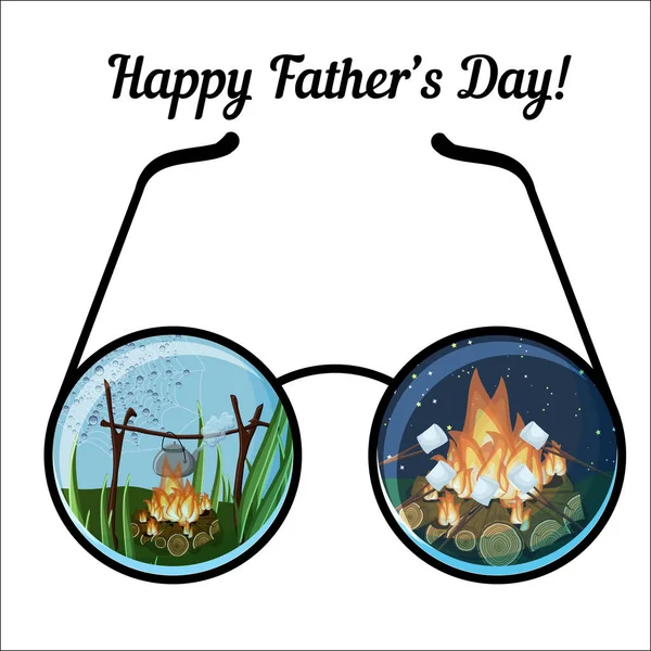 Plantilla de tarjeta de felicitación feliz día del padre con gafas y paisajes de camping día y noche . — Archivo Imágenes Vectoriales