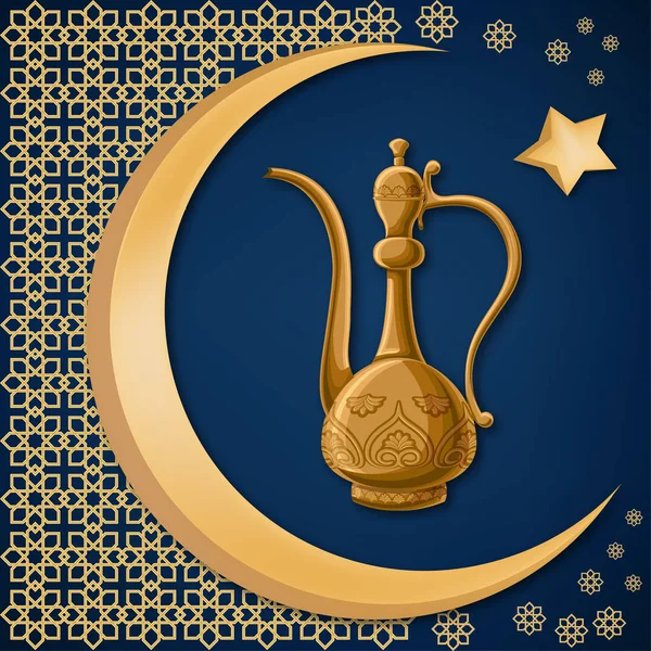 土耳其传统装饰铜投手与东方装饰, 月亮和明星在深蓝色背景. — 图库矢量图片