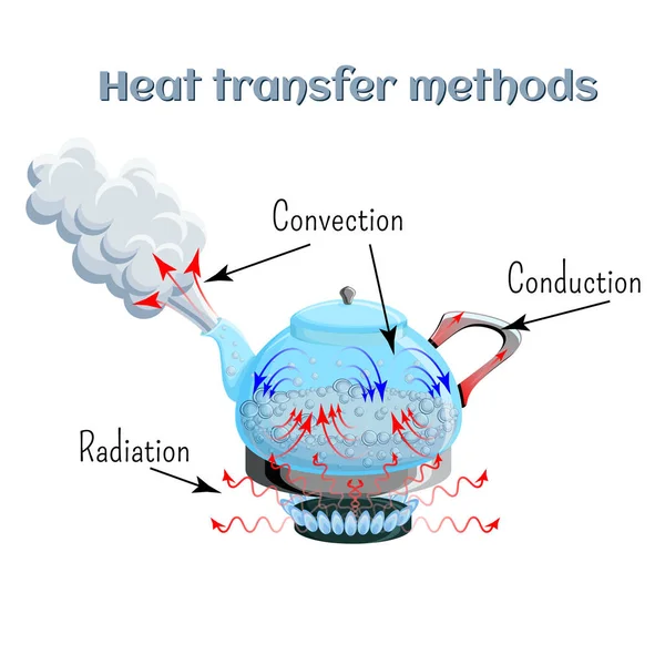 Métodos de transferência de calor, por exemplo, de água fervendo em um kettler no topo do fogão a gás. Convecção, condução, radiação . —  Vetores de Stock