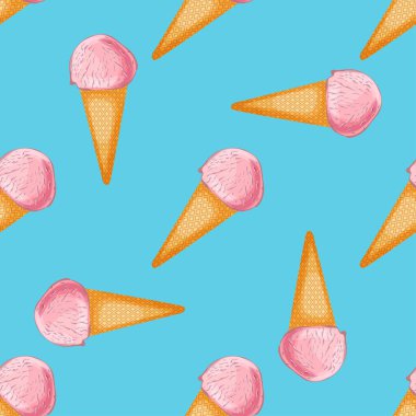 Dleicious koni dondurma seamless modeli mavi zemin üzerine pembe. Yaz sokak gıda. Karikatür tarzı vektör çizim.