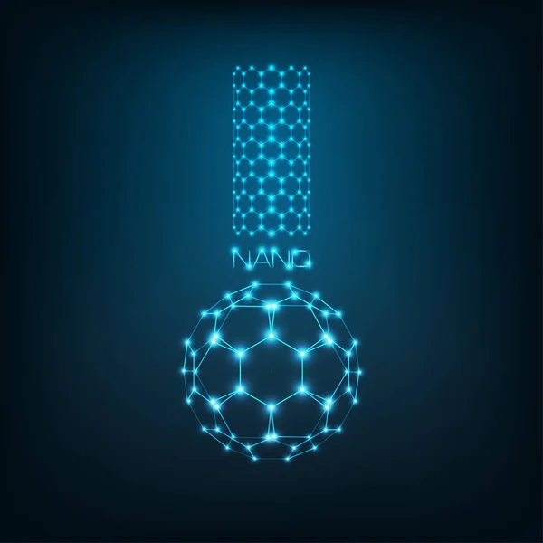 Nanobilim, nanoteknoloji kavramı ile karbon nanotüp ve buckyball fullerene ve word nano kimyasal kabı, tüp şeklinde. Nano logosunu görmeniz gerekir. Poligonal tel kafes çizgiler ve noktalar tasarım vektör görüntü