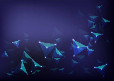 Bilim futuristik soyut adam koyu mavi üzerinde parlayan tetrahedra ile mesh artalanları. Çizgiler ve noktalar, poligonal tel kafes modern tasarımı. Vektör çizim. Banner şablon metin için yer ile.