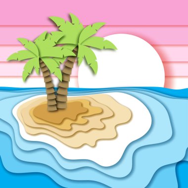 Yaz tatil konseptiyle tropik ada, kum plaj, deniz ya da okyanus dalgaları ve günbatımı gökyüzü. Stil vektör çizim kağıt kesme.