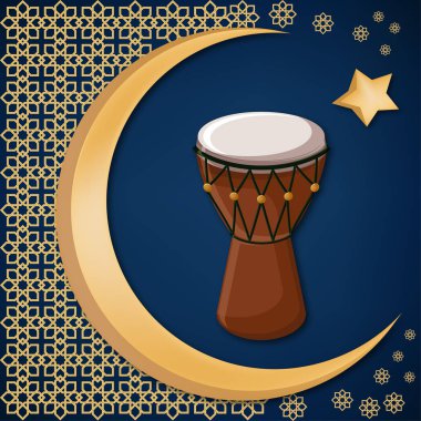 Turkish traditional drum isolated on decorated background with golden moon, star and oriental ornament. Tourist Turkey greeting card template. Cartoon vector illustration .Cartoon vector illustration in flat style. clipart