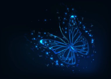 Parlak ve güzel uçan Kelebek monarch çizgiler, noktalar, üçgenler ve yıldız yaptı. Özgürlüğün sembolü. Tel kafes, poligonal modern fütüristik tasarımı. Vektör çizim.