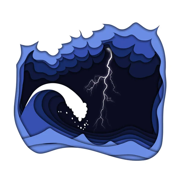 Thunderstorm with lightning and cloudy dark sky at the sea or ocean with big tsunami waves. Natural disaster, climate change concept. Paper cut out style vector illustration.