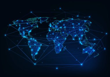 Dünya Haritası mesh ile anahat yapılan çizgiler, noktalar, yıldız, üçgenler ve soyut çerçevesi tarafından çevrili kıta. Küreselleşme, internet bağlantısı, iletişim kavramı. Poligonal tel kafes vektör