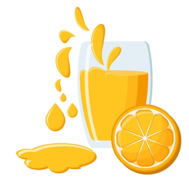 Cam suyu su sıçramalarına ve beyaz arka plan üzerinde izole bir turuncu meyve yarısı ile doğal taze portakal suyu. Düz stil vektör çizim.