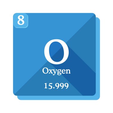 Oksijen kimyasal element. Elementlerin periyodik tablosu. Oksijen simgesi mavi arka plan. Vektör çizim modern uzun gölge ile düz tarzında. 