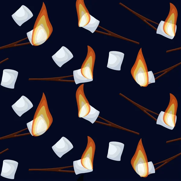 Pražení marshmallows vzor bezešvé izolované na pozadí tmavě modré noční oblohy. — Stockový vektor