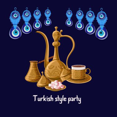 Türk usulü parti greeeting kartı ile kötü gözleri ve pirinç mutfak eşyaları sürahi, Türk Lokumu, cezve ve kahve Kupası.