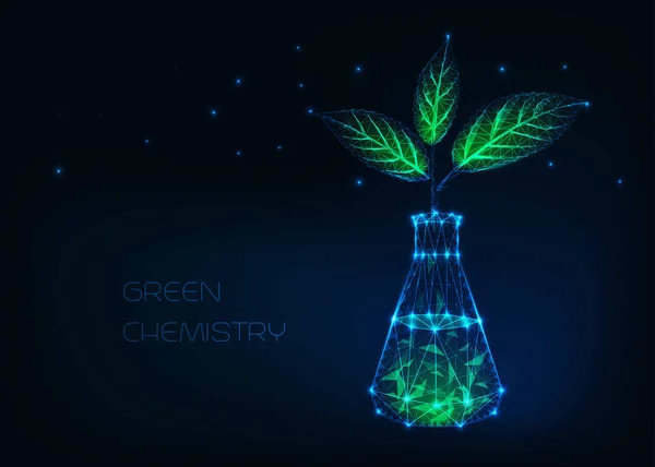 Green chemistry concept with glowing chemical beaker and plant with green leaves made of stars, lines, dots, triangles. — Stock Vector