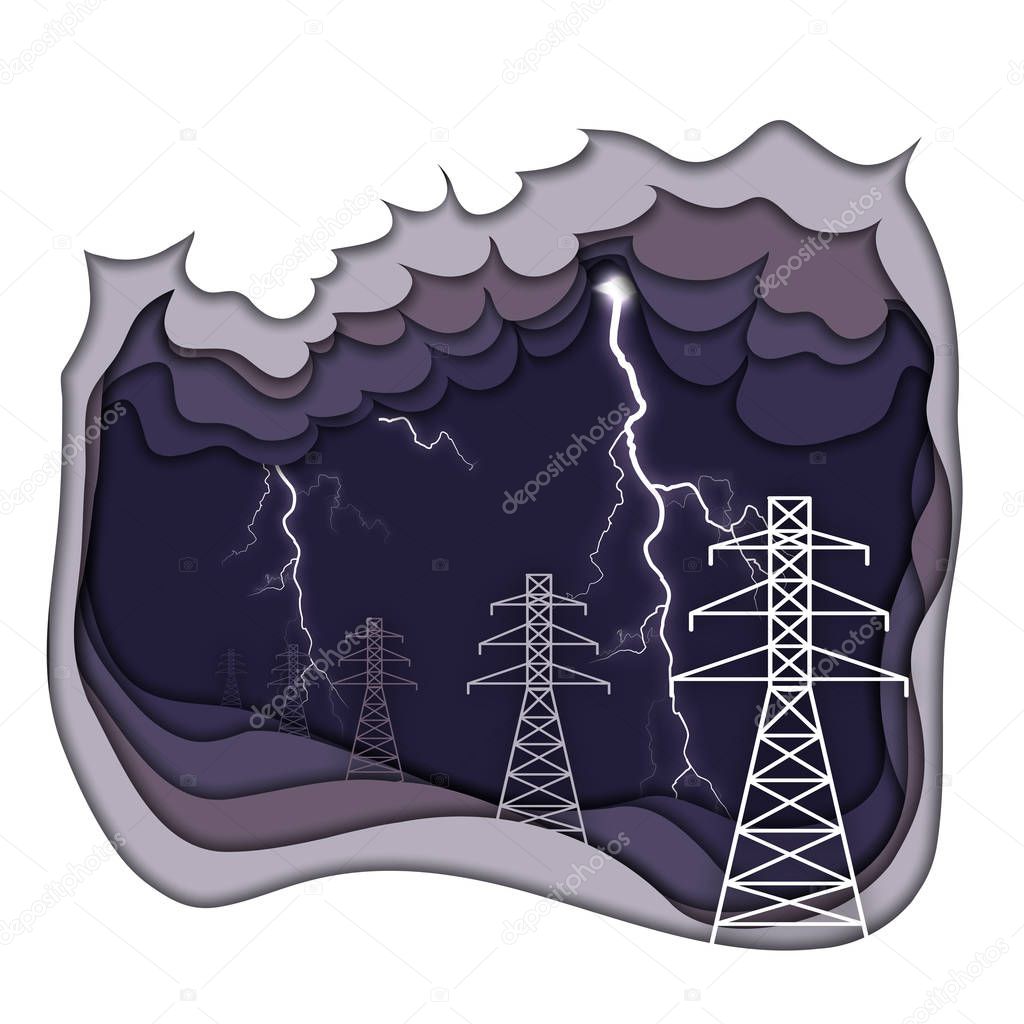 Electrical energy concept. Electric power lines and lightning on dark purple cloudy background.