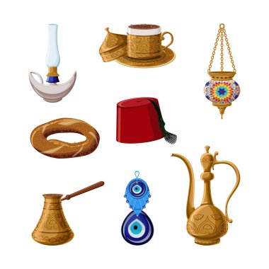 Türk miras simge seti, Bölüm 1. Alladin lamba, pirinç kahve Kupası, cezve, Çaydanlık, fener, fez, simit, boncuck.