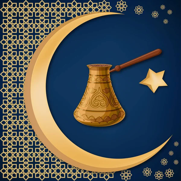 Turecki tradycyjne urządzone cezve miedzi z orientalne ozdoba, księżyc i gwiazda na ciemnym niebieskim tle. — Wektor stockowy