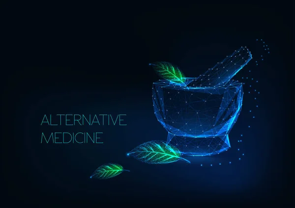 Alternativní medicína koncept s zářící Malty a zelenými listy vyrobené z hvězd, body, čáry, trojúhelníky. — Stockový vektor