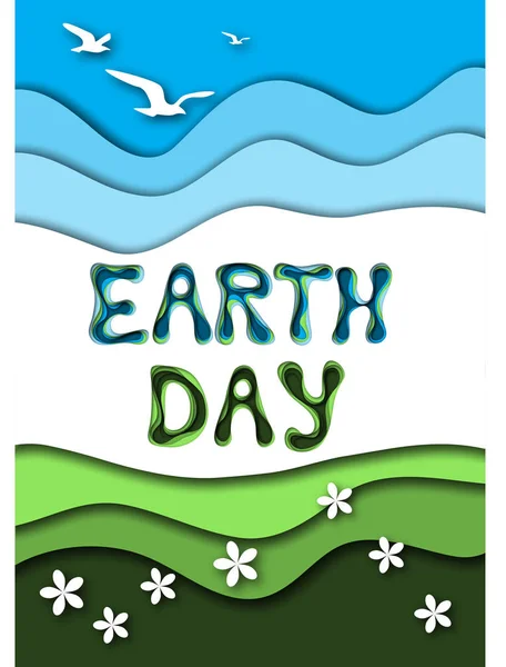 Earth Day Grußkarte Vorlage mit Text, Himmel, Vögel, Gras, Blumen. — Stockvektor