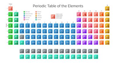 Atom numarası, öğe sembolü, öğe adı ve atom ağırlığı Nihonium, Moscovium, Tennessine ve Oganesson yeni öğeler dahil olmak üzere elementlerin periyodik tablosu. Renkli vektör çizim.