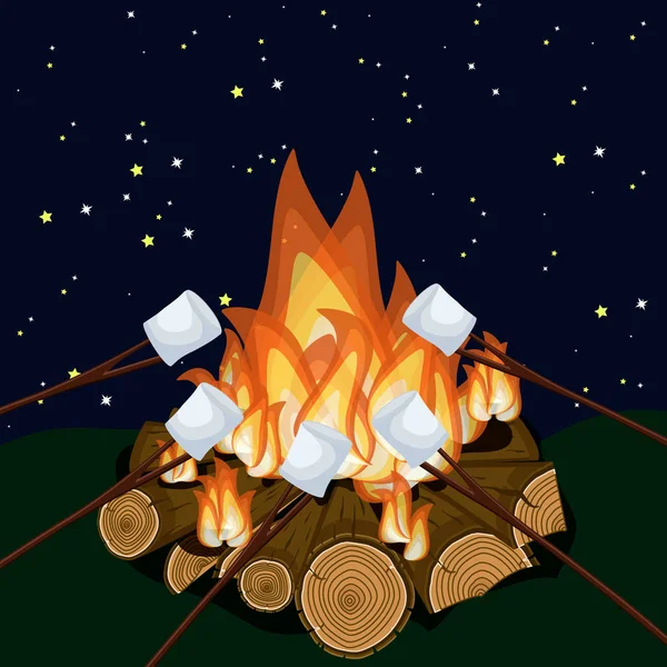 Roosteren Marshmallow Kampvuur Bij Nacht Cartoon Vectorillustratie Vlakke Stijl — Stockvector