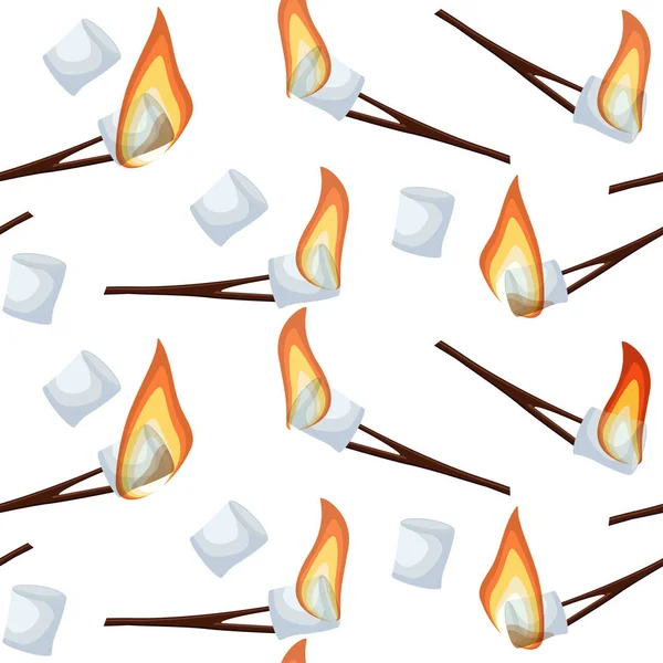 Pražení Marshmallows Vzor Bezešvé Izolovaných Bílém Pozadí Kreslené Vektorové Ilustrace — Stockový vektor