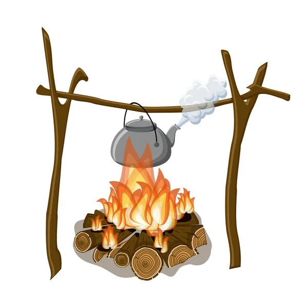 Boiling Kettle Steam Hanging Campfire Isolated White Background Cartoon Vector — Stock Vector