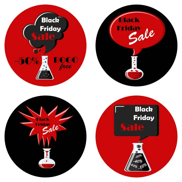 Black Friday Black Red Set Icons Speech Bubbles Chemical Bottles — Stock Vector