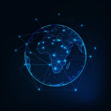 Afrika Planet Earth görünümünde kıta anahatları ile uzaydan soyut arka plan. Küreselleşme, bağlantı kavramı. Düşük poli tel kafes, çizgiler ve noktalar parlayan tasarlayın. Vektör çizim.